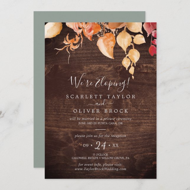 Fall Leaves Rustic Brown Wood Elopement Reception Invitation (Front/Back)