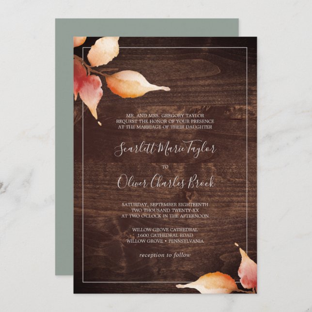 Fall Leaves | Rustic Brown Wood Formal Wedding Invitation (Front/Back)