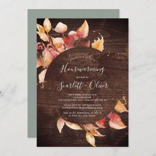 Fall Leaves   Rustic Brown Wood Housewarming Party Invitation