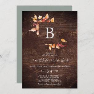Fall Leaves   Rustic Brown Wood Monogram Wedding Invitation
