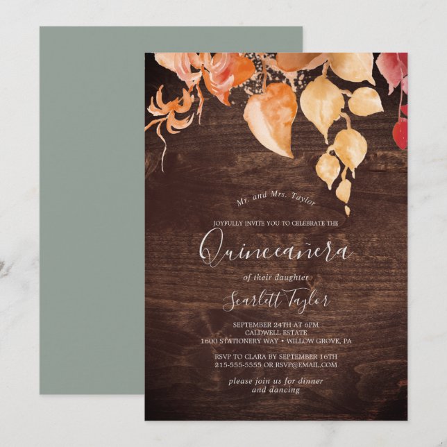 Fall Leaves | Rustic Brown Wood Quinceañera Invitation (Front/Back)