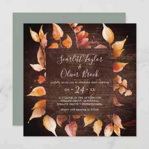 Fall Leaves   Rustic Brown Wood Square Wedding Invitation