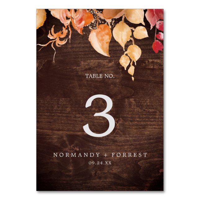 Fall Leaves | Rustic Brown Wood Table Number (Front)