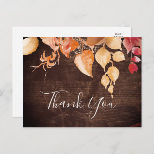 Fall Leaves Rustic Brown Wood Thank You Postcard