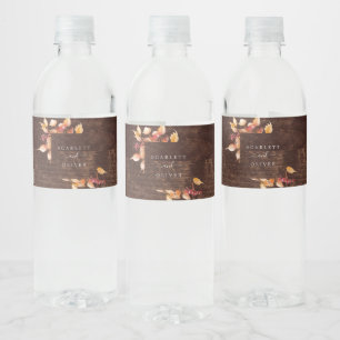 Fall Leaves Rustic Brown Wood Wedding Water Bottle Label