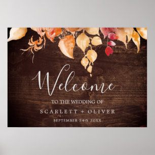 Fall Leaves Rustic Brown Wood Welcome Wedding Poster