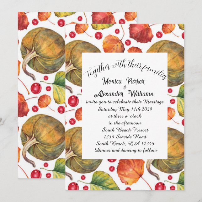 Fall Leaves Rustic Elegant Pumpkin Wedding  Invitation (Front/Back)