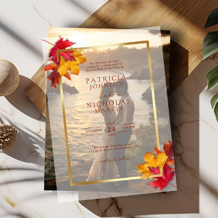 Fall Leaves Rustic Golden Frame Autumn Wedding Vellum Invitations