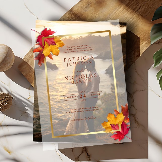 Fall Leaves Rustic Golden Frame Autumn Wedding Vellum Invitations (Creator Uploaded)