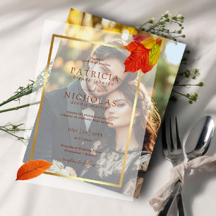 Fall Leaves Rustic Golden Frame  Autumn Wedding Vellum Invitations