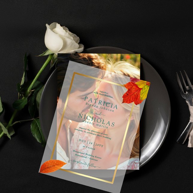 Fall Leaves Rustic Golden Frame  Autumn Wedding Vellum Invitations (Creator Uploaded)