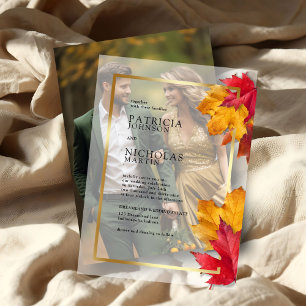 Fall Leaves Rustic Golden Frame Autumn Wedding Vellum Invitations