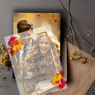 Fall Leaves Rustic Golden Frame Autumn Wedding Vellum Invitations