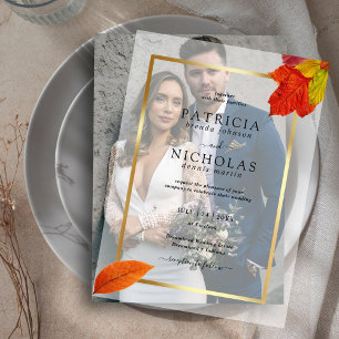 Fall Leaves Rustic Golden Frame  Autumn Wedding Vellum Invitations
