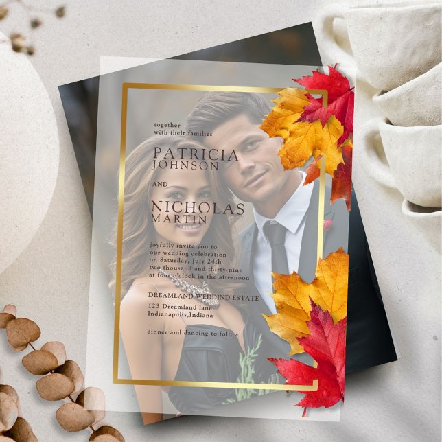 Fall Leaves Rustic Golden Frame Autumn Wedding Vellum Invitations (Creator Uploaded)
