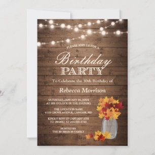 Fall Leaves Rustic String Lights Birthday Party Invitation