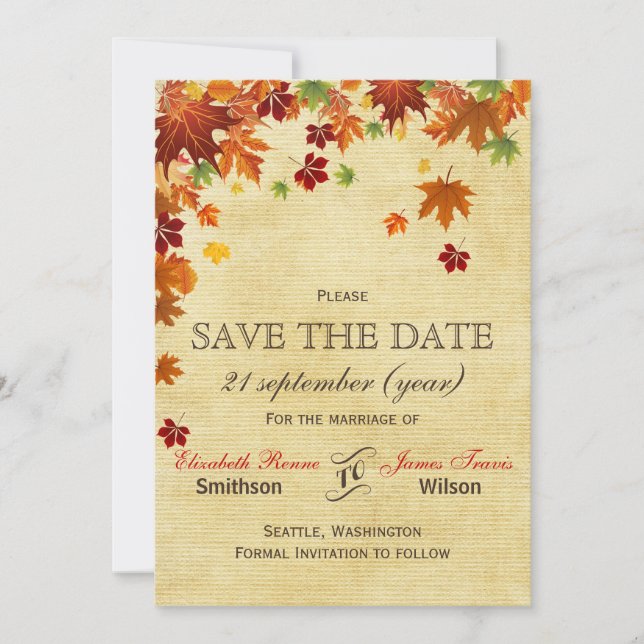 Fall Leaves Rustic Wedding Save The Date (Front)