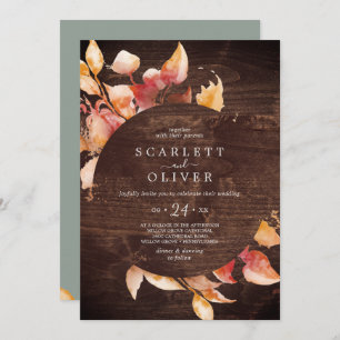 Fall Leaves   Rustic with Details on Back Wedding Invitation