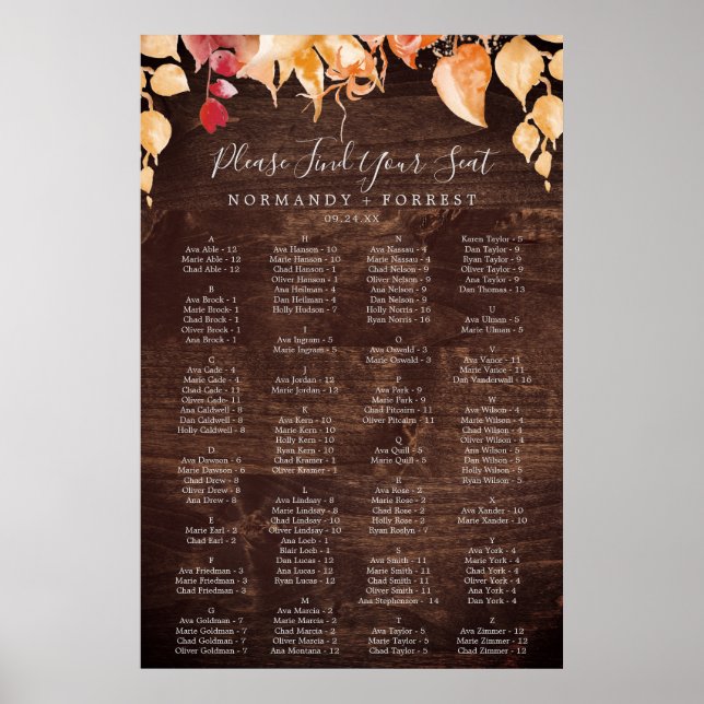 Fall Leaves Rustic Wood Alphabetical Seating Chart (Front)