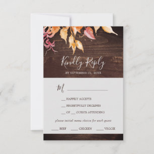 Fall Leaves   Rustic Wood Menu Choice RSVP Card