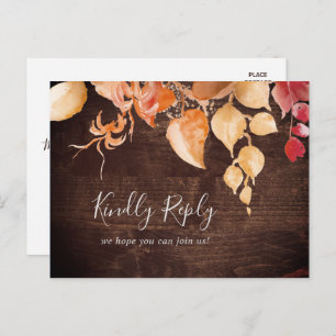 Fall Leaves Rustic Wood Menu Choice RSVP Postcard