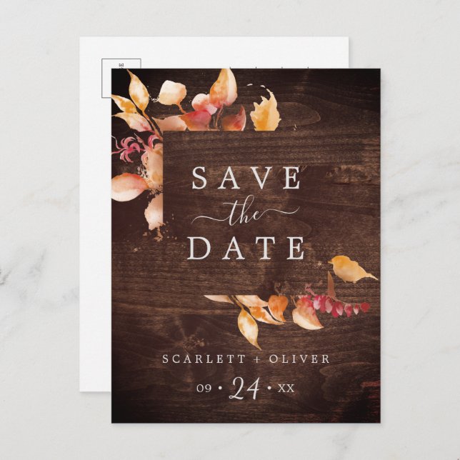 Fall Leaves | Rustic Wood Save the Date Postcard (Front/Back)