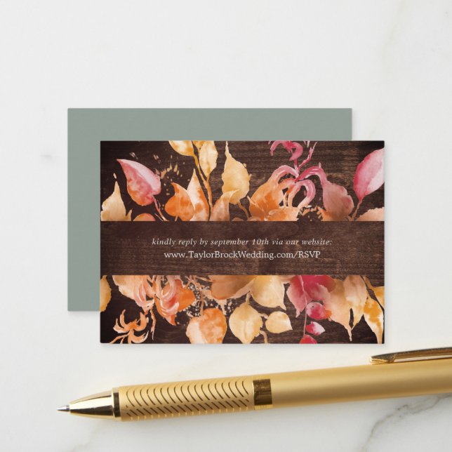 Fall Leaves | Rustic Wood Wedding Website RSVP Enclosure Card (Front/Back In Situ)