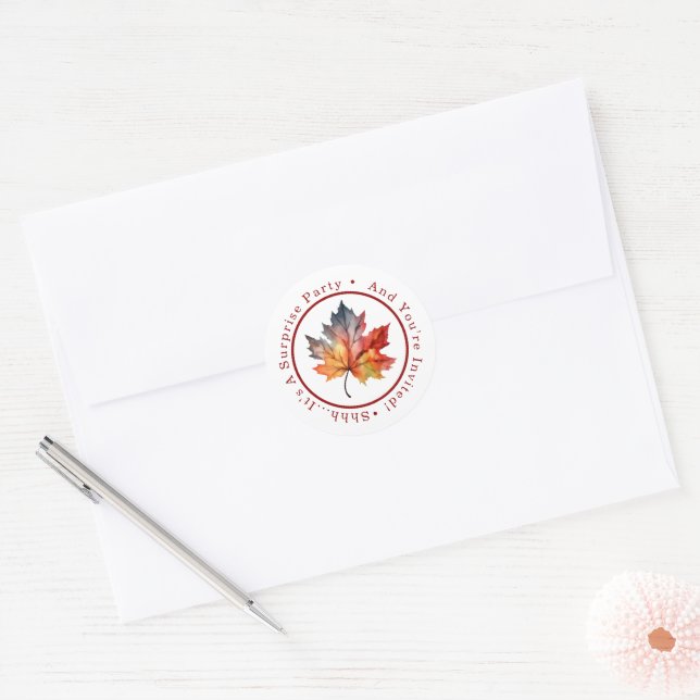 Fall Leaves Shhh...It's A Surprise Party Classic Round Sticker (Envelope)