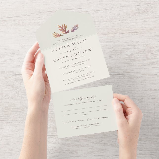 Fall leaves simple elegant autumn wedding all in one invitation (Tearaway)