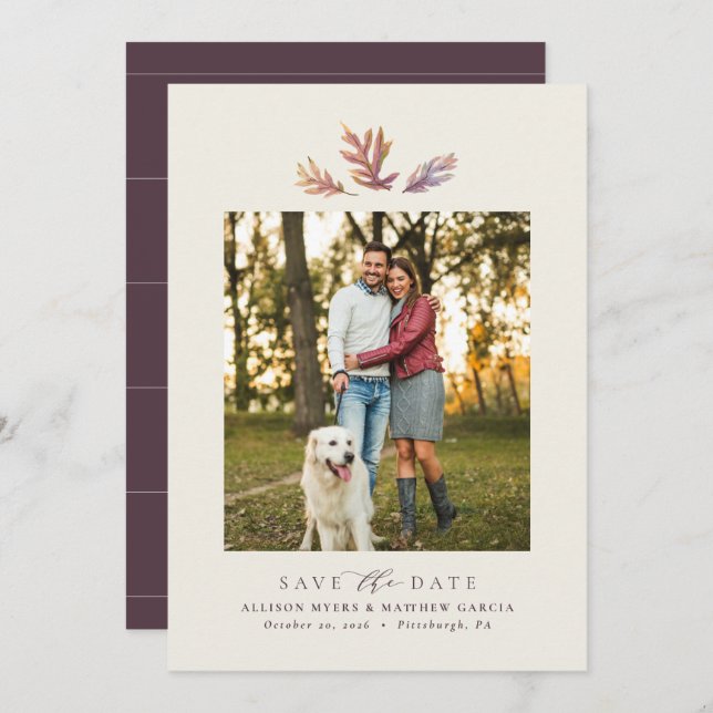 Fall leaves simple one photo elegant autumn plum save the date (Front/Back)