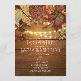 Fall Leaves & String Lights on Rustic Wood Invitation