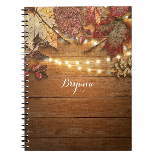 Fall Leaves & String Lights on Rustic Wood Notebook (Front)