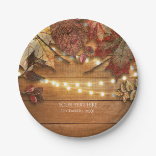 Fall Leaves & String Lights on Rustic Wood Paper Plate
