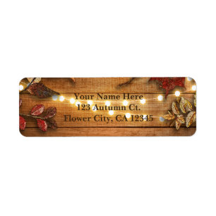 Fall Leaves & String Lights on Rustic Wood Return Address Label
