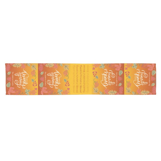Fall Leaves Thankful Family Happy Thanksgiving Short Table Runner (Horizontal)
