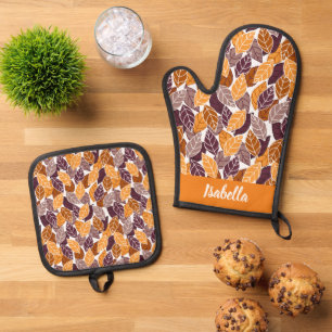 Fall Leaves Thanksgiving Pattern Custom Name Oven Mitt & Pot Holder Set