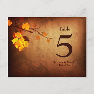Fall leaves vintage distress wedding table number postcard