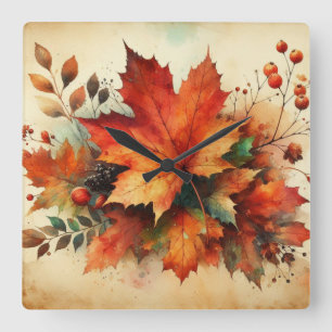 Fall leaves vintage watercolor autumn colours square wall clock