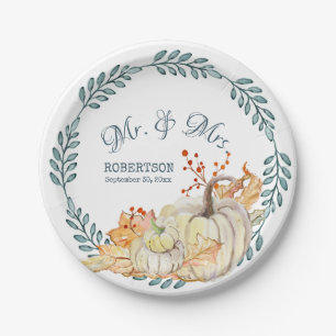 Fall Leaves Watercolor Pumpkin Rustic Barn Wedding Paper Plate