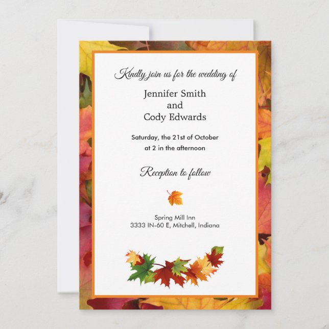 Fall Leaves Wedding Invitation Autumn Flat Card (Front)