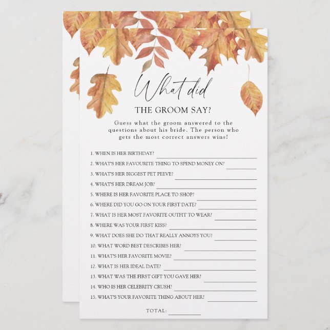 Fall leaves - What did the groom say bridal game (Front/Back)