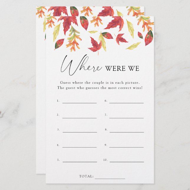 Fall leaves - Where were we bridal shower game (Front/Back)