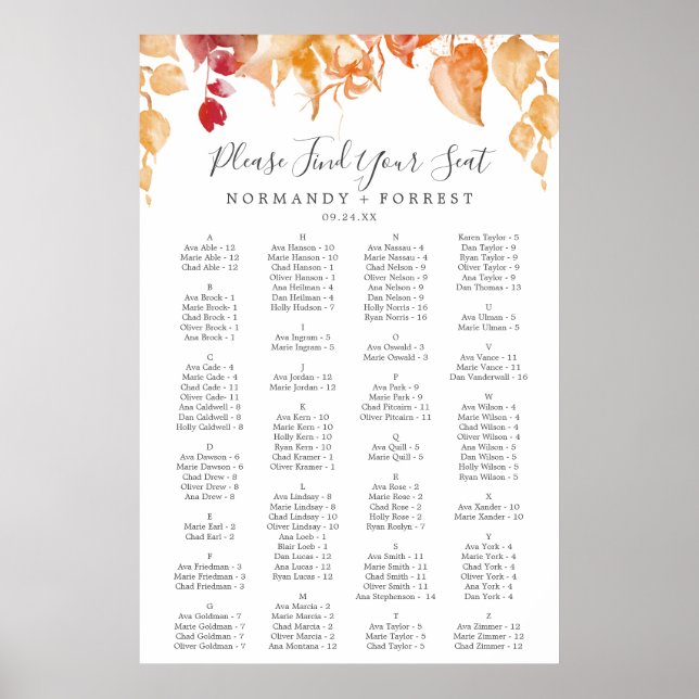 Fall Leaves | White Alphabetical Seating Chart (Front)