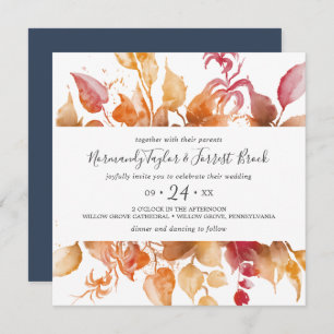 Fall Leaves White & Burgundy Casual Square Wedding Invitation