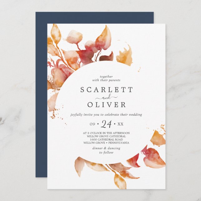 Fall Leaves | White & Burgundy Casual Wedding Invitation (Front/Back)
