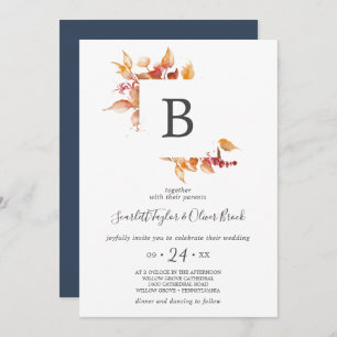 Fall Leaves   White & Burgundy Monogram Wedding Invitation