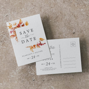 Fall Leaves   White & Burgundy Save the Date Invitation Postcard