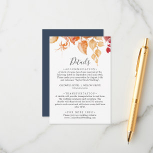 Fall Leaves   White & Burgundy Wedding Details Enclosure Card