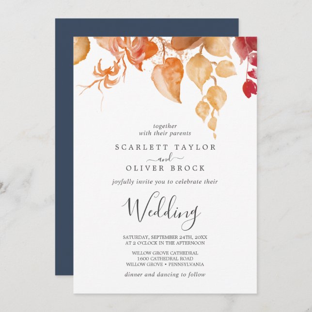 Fall Leaves | White & Burgundy Wedding Invitation (Front/Back)