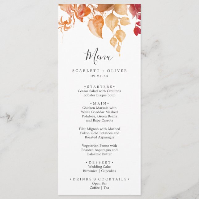 Fall Leaves | White & Burgundy Wedding Menu (Front)